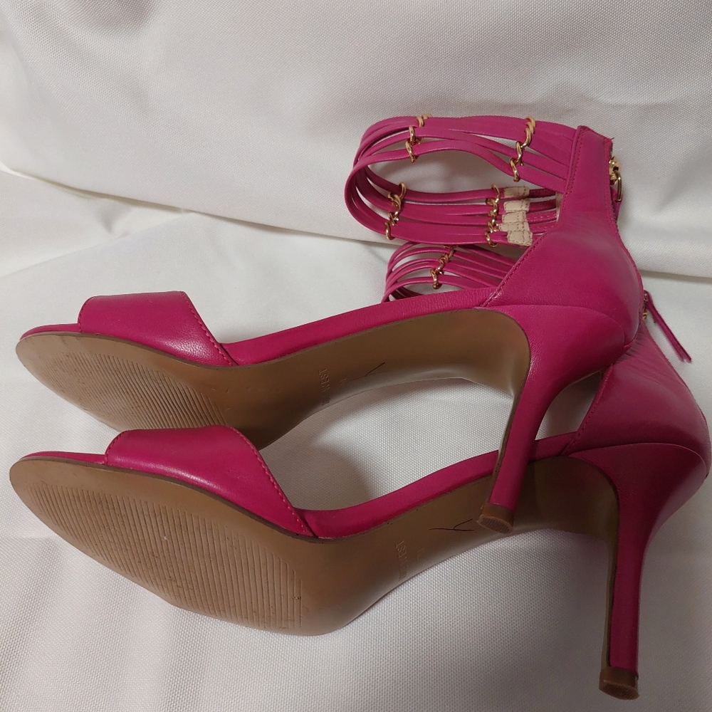 Nine West Hot Pink Strappy Open-Toe Heels with Gold Accents - Picture 3 of 5